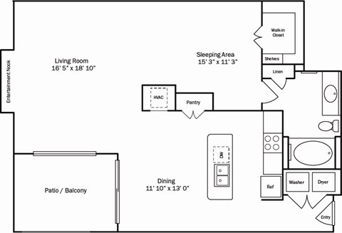 Floor plan for 1 bed, 1 bath, 1086 sqft